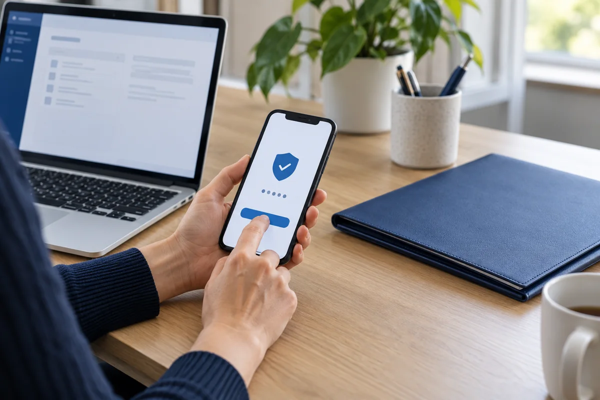 Illustrative image of secure account access using a smartphone beside a laptop