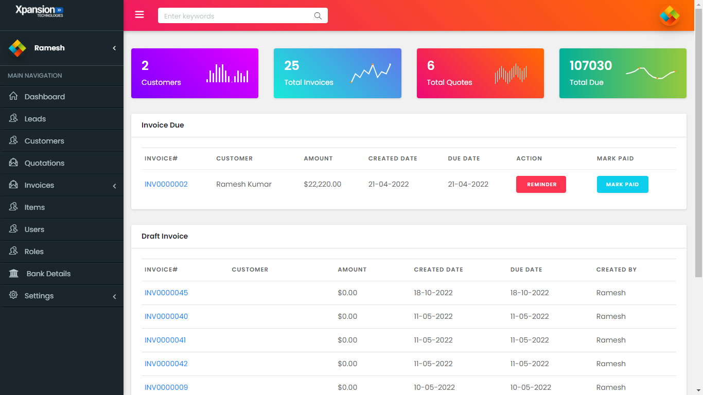 Dashboard and invoice overview