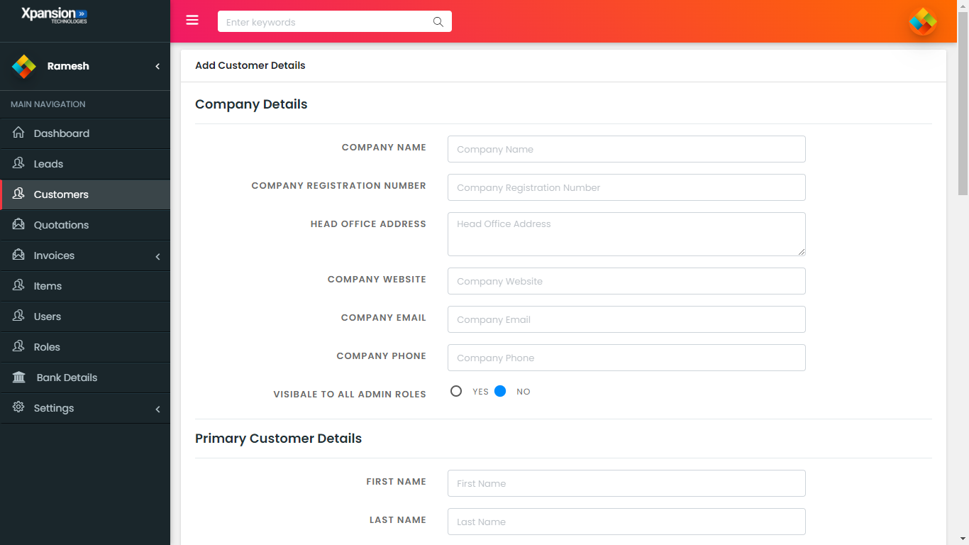 Customer details setup