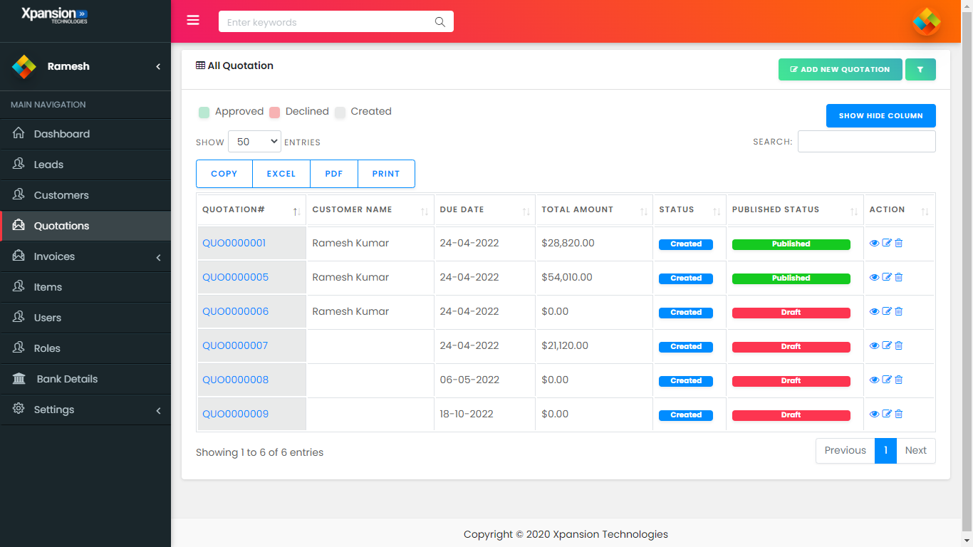 Quotation list and status tracking