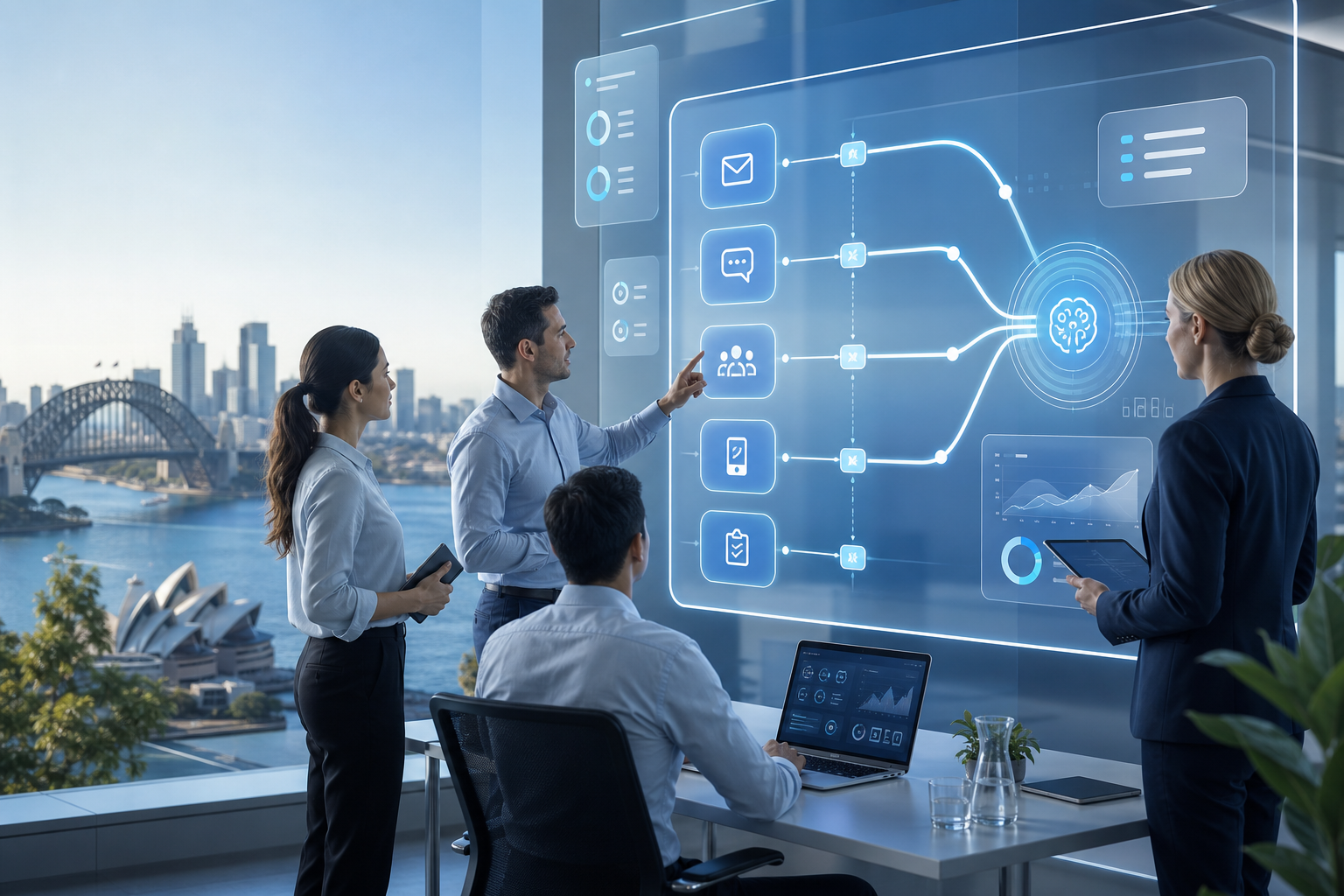 Business team reviewing an AI automation roadmap dashboard in Sydney.