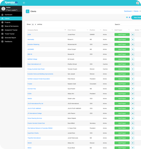 Clients module for managing customer details and service interactions.