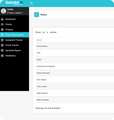 Roles and permissions module for team access control and security.