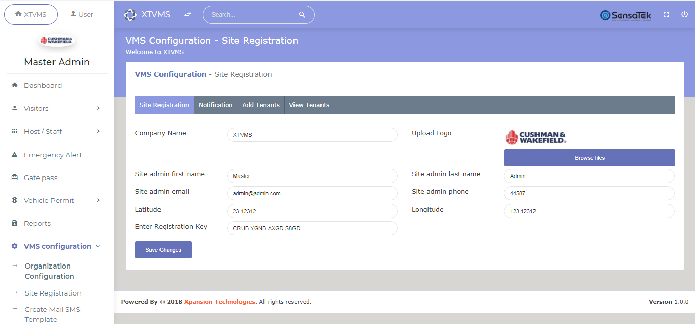 Branch administration configuration and site registration dashboard.