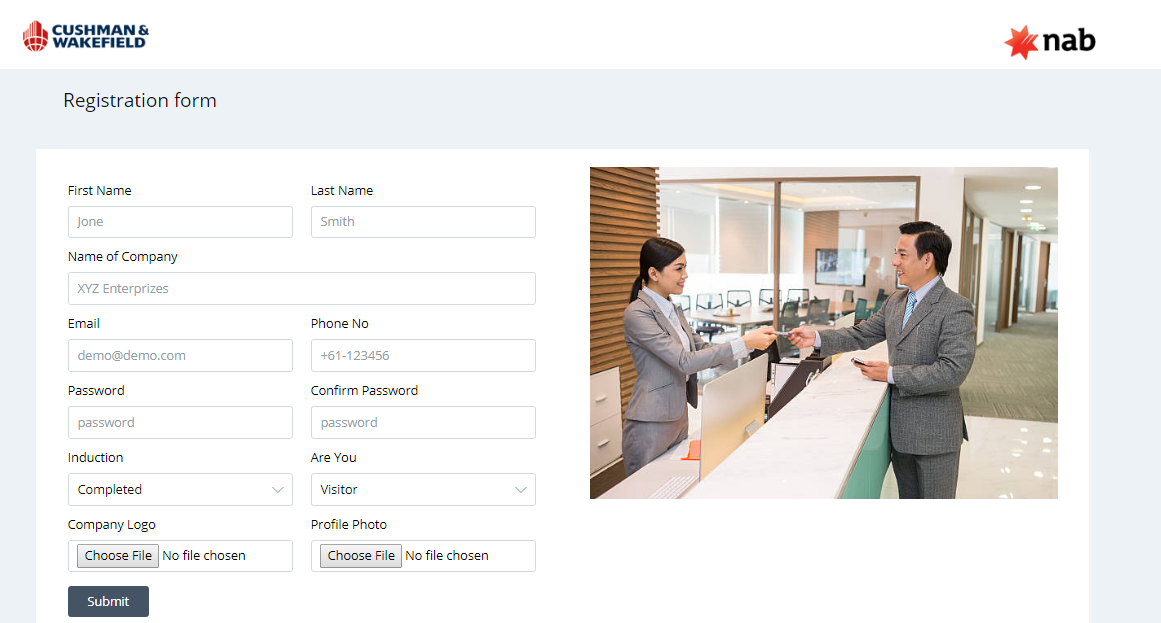 Visitor registration form with induction, visitor type and company details.
