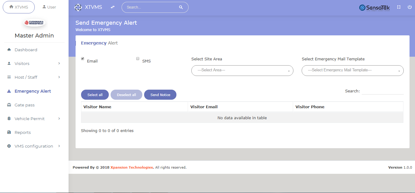 Emergency alerts dashboard for email and SMS notices to visitors and staff.
