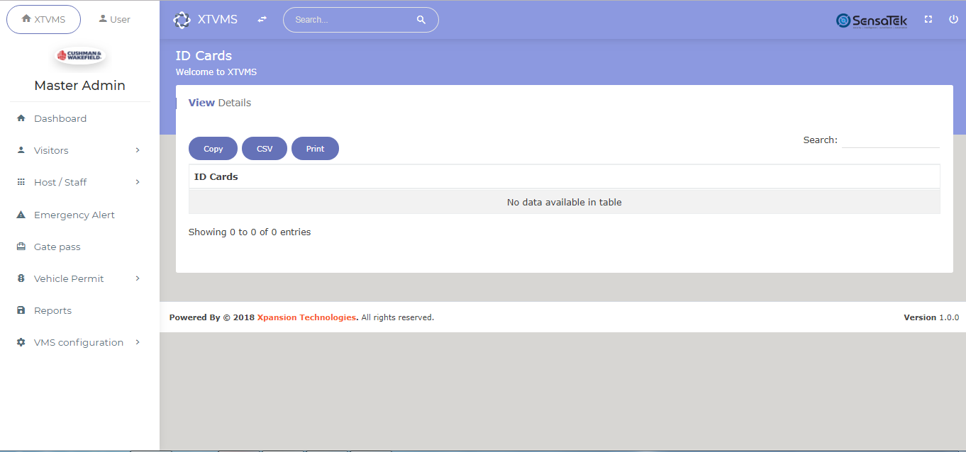 ID card and gate pass generation dashboard with copy, CSV and print actions.